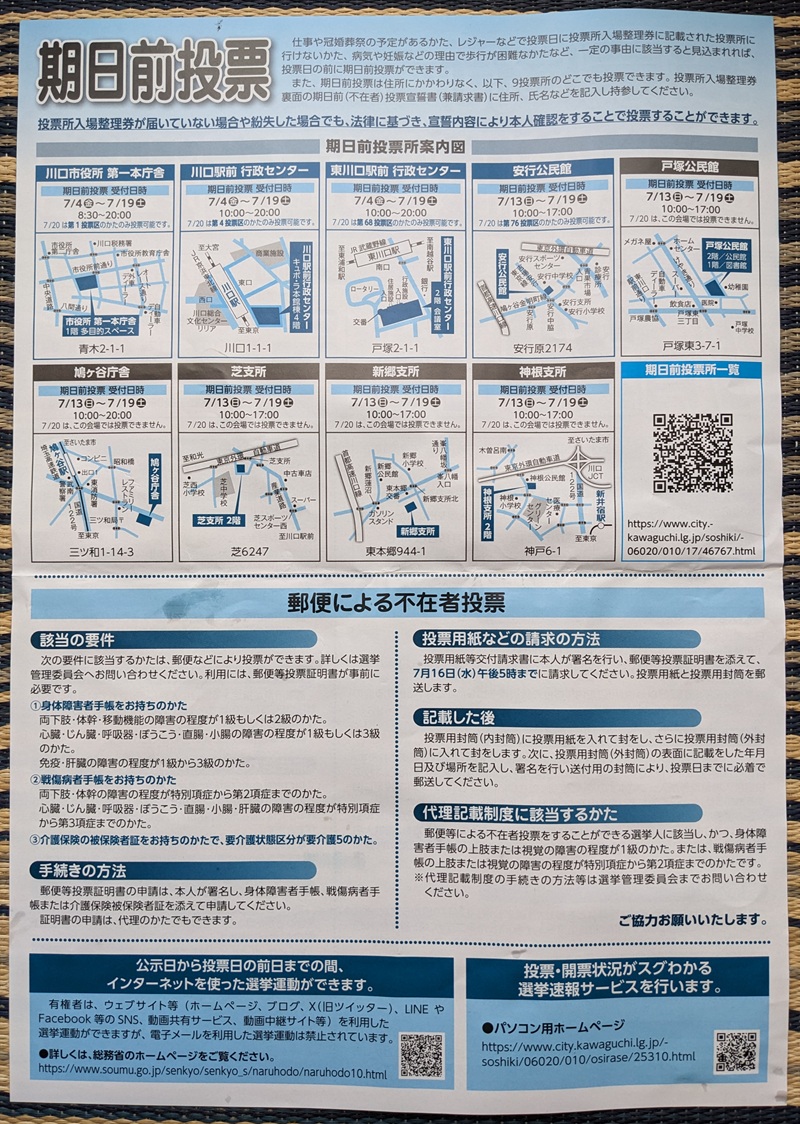 投票所入場整理券と一緒に入っている紙(裏) 参議院 選挙