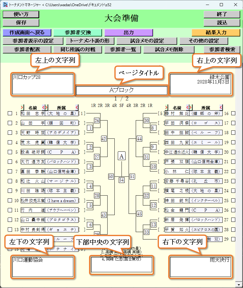 ページタイトル、上部の文字列、下部の文字列、の入力欄