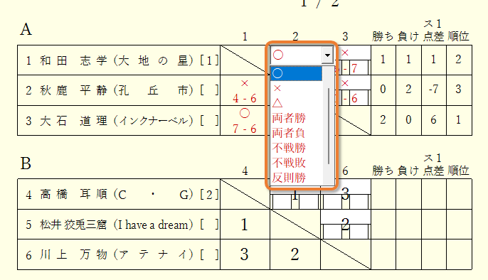 勝ち負けの選択欄