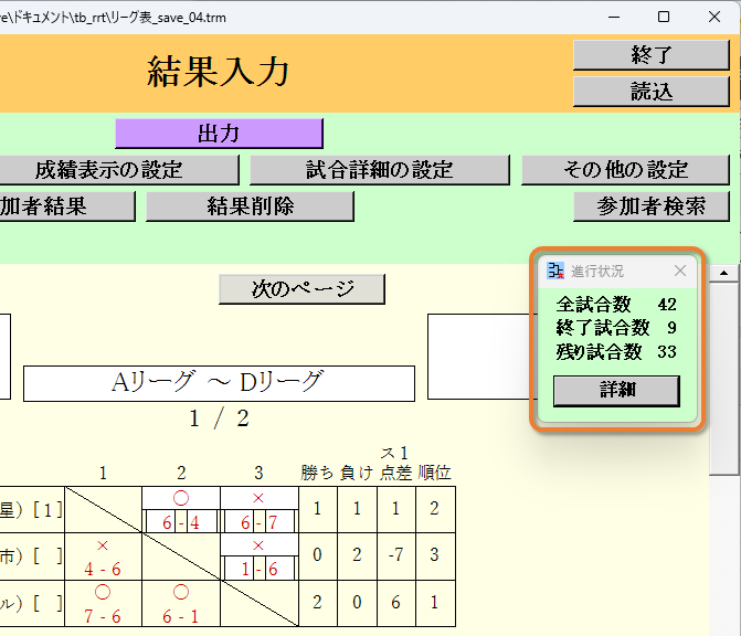 大会進行状況ウィンドウ